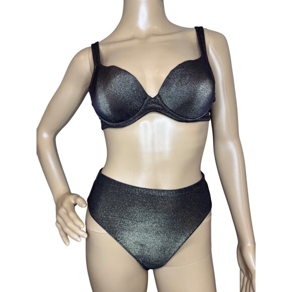 Y2K 2002 Victoria's Secret Black Gold Shimmer High Waisted Underwire Bikini Set - Picture 1 of 7